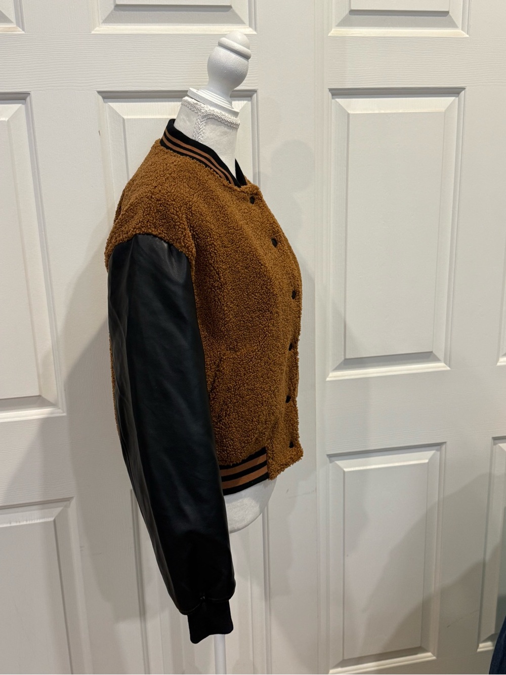 Teddy Varsity Jacket Faux Leather Sleeves Brown Cropped Bomber S - Picture 10 of 10